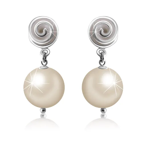 Puzetové stříbrné 925 náušnice - linie spirály, kulička v barvě perleti