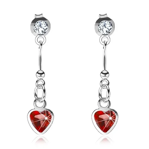 Náušnice ze stříbra 925, červené srdce, tyčinka s kuličkou, čirý krystal Swarovski