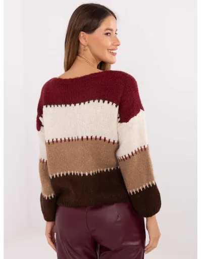 Bordově-ecru oversize svetr s příměsí vlny