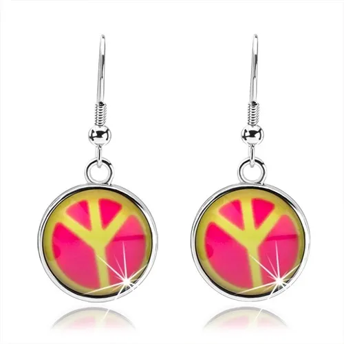 Kabošon náušnice s vypouklou glazurou, symbol míru, růžová a žlutá barva