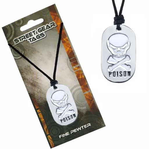 Černý náhrdelník na šňůrce – bílá lebka, nápis Poison