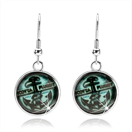 Náušnice stříbrné barvy, kabošon, námořnický motiv, kotva, tyrkysový odstín