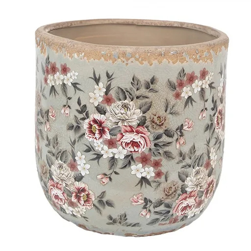 Zelený keramický dekorační květináč s květy Floria L - Ø 17*16 cm  Clayre & Eef