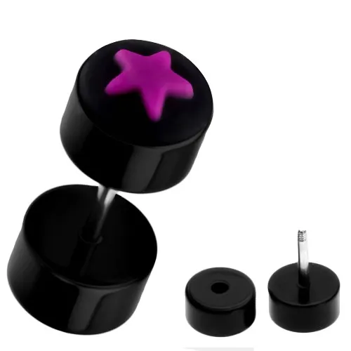 Černý fake piercing do ucha - akrylový, růžová hvězda