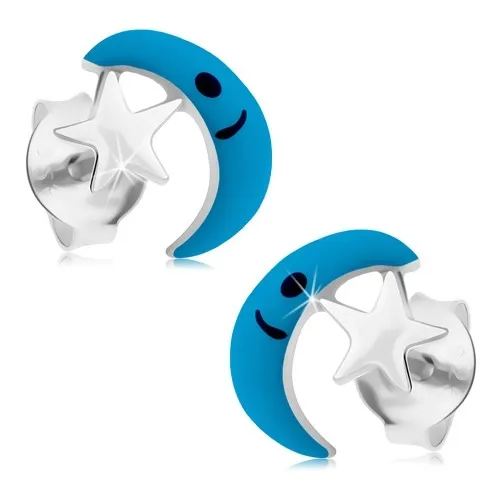 Puzetové náušnice ze stříbra 925, měsíc s hvězdičkou, barevná glazura