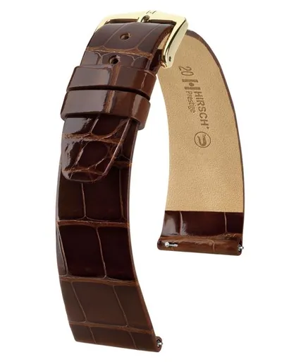 Řemínek Hirsch Prestige Alligator - tmavě hnědý, lesk - 15 mm - M – Střední délka - 14 mm - Rose Gold