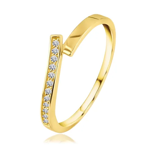 Prsten ze žlutého zlata 585 - dvanáct čirých briliantů, dělená ramena - Velikost: 49