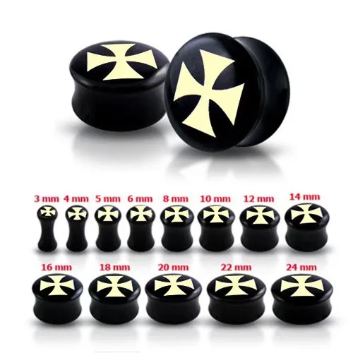 Černý sedlový plug do ucha s maltézským křížem - Tloušťka : 10 mm