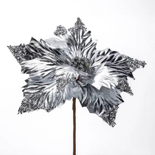 Květ POINSETTIA třpytivá 20 cm, stříbrná