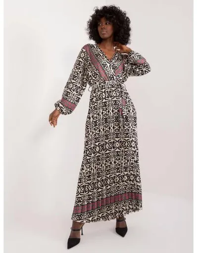 Dámské šaty s páskem vzorované černo-béžové