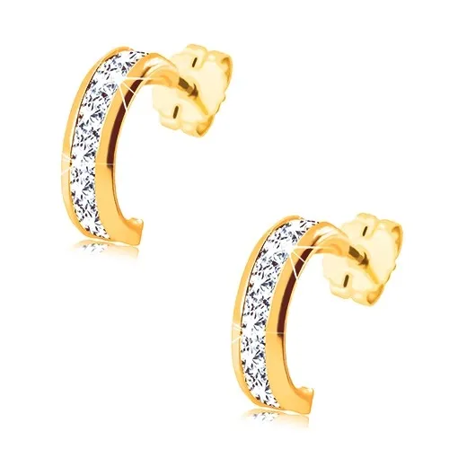 Puzetové náušnice ze žlutého 14K zlata - půlkruhy s broušenými čirými zirkony