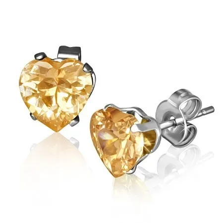 Třpytivé srdíčkové náušnice z oceli, velký žlutooranžový zirkon