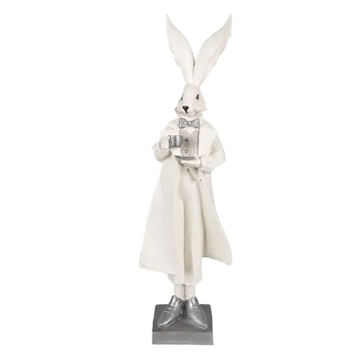 Bílá dekorace zajíc v kabátě držící šálek - 14*12*47 cm Clayre & Eef