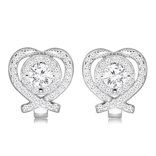 Rhodiované náušnice ze stříbra 925 - kontura srdce s čirým zirkonem uprostřed