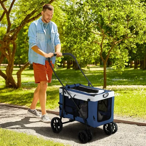 PawHut Kočárek a vozík pro psy a kočky 2v1, modrobílý