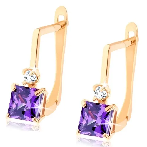 Náušnice ze žlutého 14K zlata - zirkonek čiré barvy, fialový zirkonový čtverec