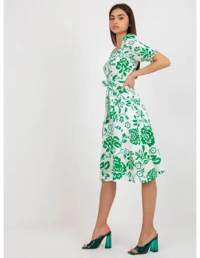 Dámské šaty s páskem vzorované midi ALABA bílé a zelené
