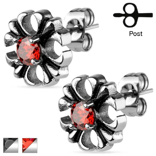 Náušnice z oceli 316L - patinovaný liliový kříž s kulatým zirkonem - Barva: Černá