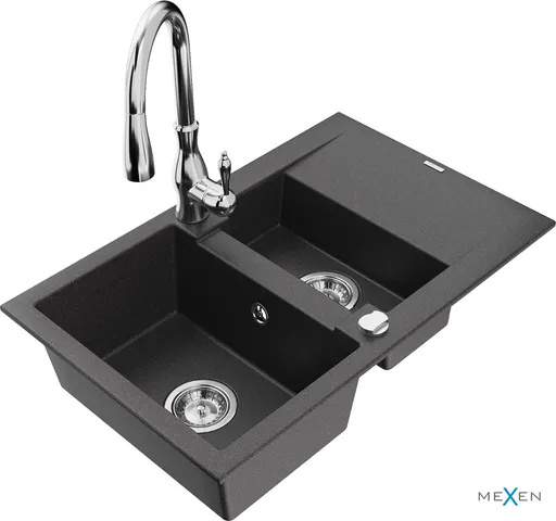 MEXEN/S Gaspar granitový dřez 1.5 s odkapávačem včetně baterie Savita, černá kropenatá 6507-76-672601-00