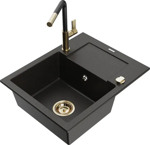 MEXEN/S Enzo granitový dřez 1-miska s odkapávačem včetně baterie Flora, černá/zlatá metalik 6506-75-670401-57-G
