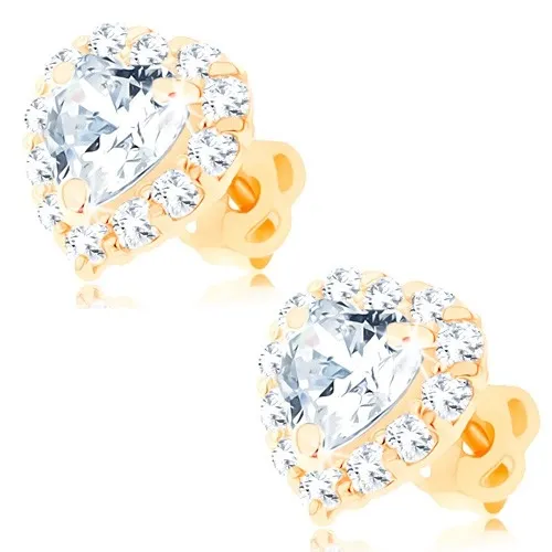 Náušnice ze žlutého 14K zlata - čiré srdce lemované kulatými zirkonky