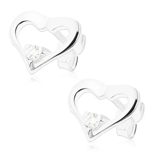 Puzetové náušnice ze stříbra 925, lesklá kontura srdíčka s čirým zirkonem