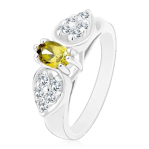 Prsten ve stříbrné barvě, blýskavá mašlička se zeleným oválem - Velikost: 51