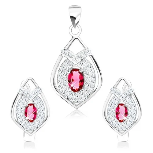 Sada ze stříbra 925, náušnice a přívěsek, obrys špičaté slzy, růžový zirkon
