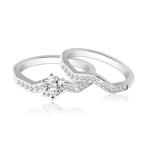 Dvojset stříbrných prstýnků 925 - zvlněná zirkonová linie, blýskavý kulatý zirkon  - Velikost: 48