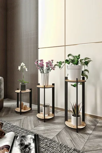 Wooden Plant Stand Flower Desk Round - Oak