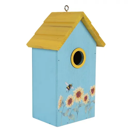 Modro-žlutá dřevěná ptačí budka se slunečnicemi Birdhouse - 15*10*22 cm Clayre & Eef