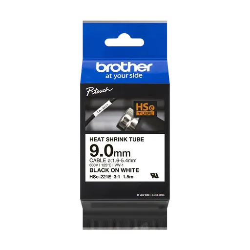 Brother HSe-221E Pro Tape, 9 mm x 1.5 m, černý tisk / bílý podklad, originální páska