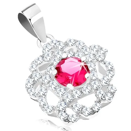 Stříbrný přívěsek 925, kvítek s čirými propletenými lupínky, červený zirkon