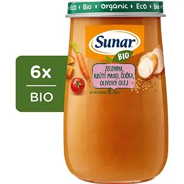 Sunar BIO příkrm zelenina, krůtí maso, čočka, olivový olej 6× 190 g (8592084417246)