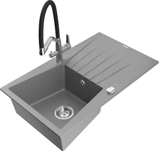 MEXEN/S Cesar granitový dřez s odkapávačem včetně baterie Duo, šedá 6514-71-671701-07