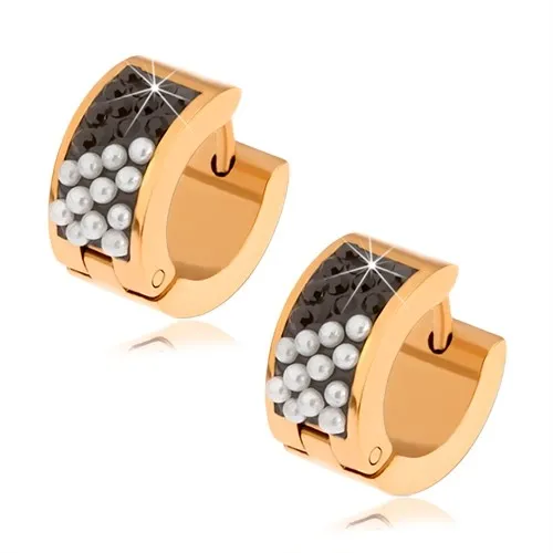 Ocelové náušnice zlaté barvy, proužek s černými zirkony a bílými kuličkami