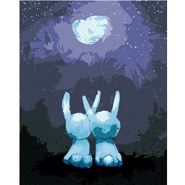 Zamilování králičci koukající na zářicí měsíc, 80×100 cm, bez rámu a bez vypnutí plátna (6046642)