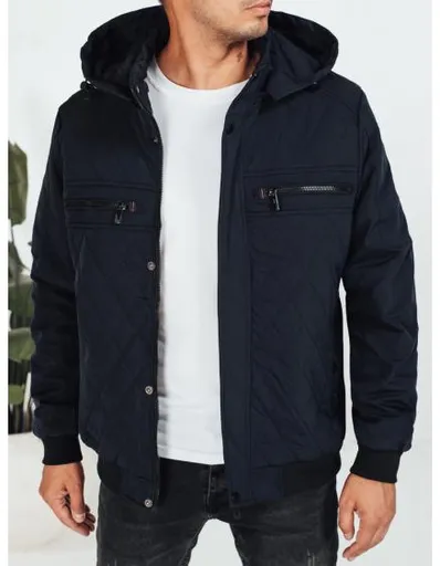 Pánská prošívaná bunda s kapucí, tmavě modrá