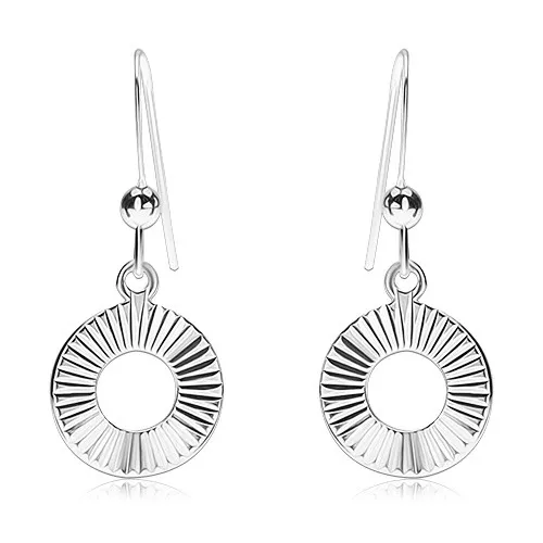 Stříbrné 925 náušnice, kruh s výřezem uprostřed, paprskovité rýhy