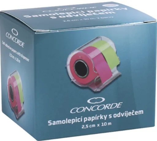 Samolepicí papírky CONCORDE 2,5cm x 10m s odvíječem, 2 barvy, neon