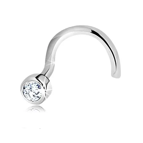 Briliantový zahnutý piercing do nosu z bílého 14K zlata - čirý diamant v objímce, 2 mm