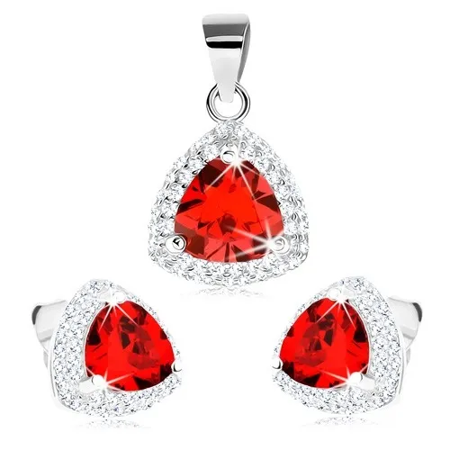 Set ze stříbra 925, náušnice a přívěsek, červený zirkonový trojúhelník, čirý lem