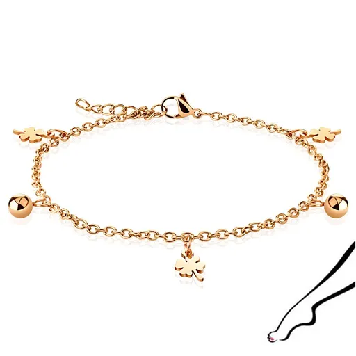 Ocelový náramek na nohu v měděné barvě - hladký čtyřlístek a korálky