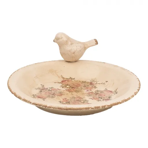 Béžové keramické krmítko pro ptáčky s růžemi Rosien L - Ø 26*10 cm 6CE1949L