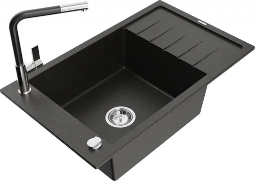 MEXEN/S Elias granitový dřez 1-miska s odkapávačem včetně baterie Flora, černá/zlatá metalik 6511-75-670401-07