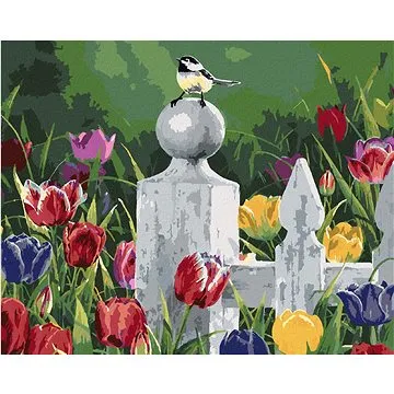Zuty - Malování podle čísel - SÝKORKA NA DŘEVĚNÉM PLOTĚ A TULIPÁNY (ABRAHAM HUNTER), 80x100 cm, vypn (HRAmmb05947nad)