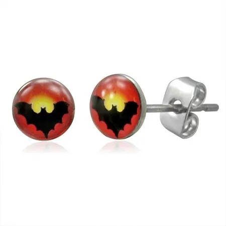 Ocelové náušnice, černý netopýr na žlutočerveném podkladu