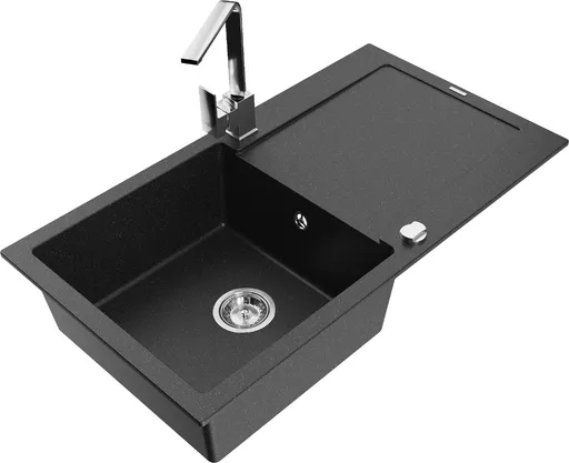 MEXEN/S Leo granitový dřez 1-miska s odkapávačem včetně baterie Rita, černý/stříbrný metalik 6501-73-670300-00