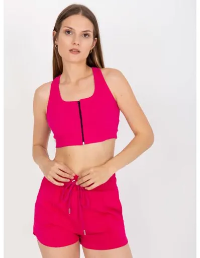 Fuchsiový pruhovaný crop top basic se zapínáním RUE PARIS