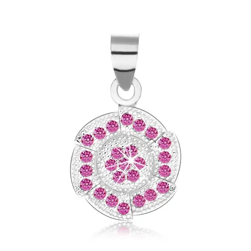 Přívěsek, stříbro 925, zaoblený šestiúhelník, růžové zirkonky, gravírované kuličky